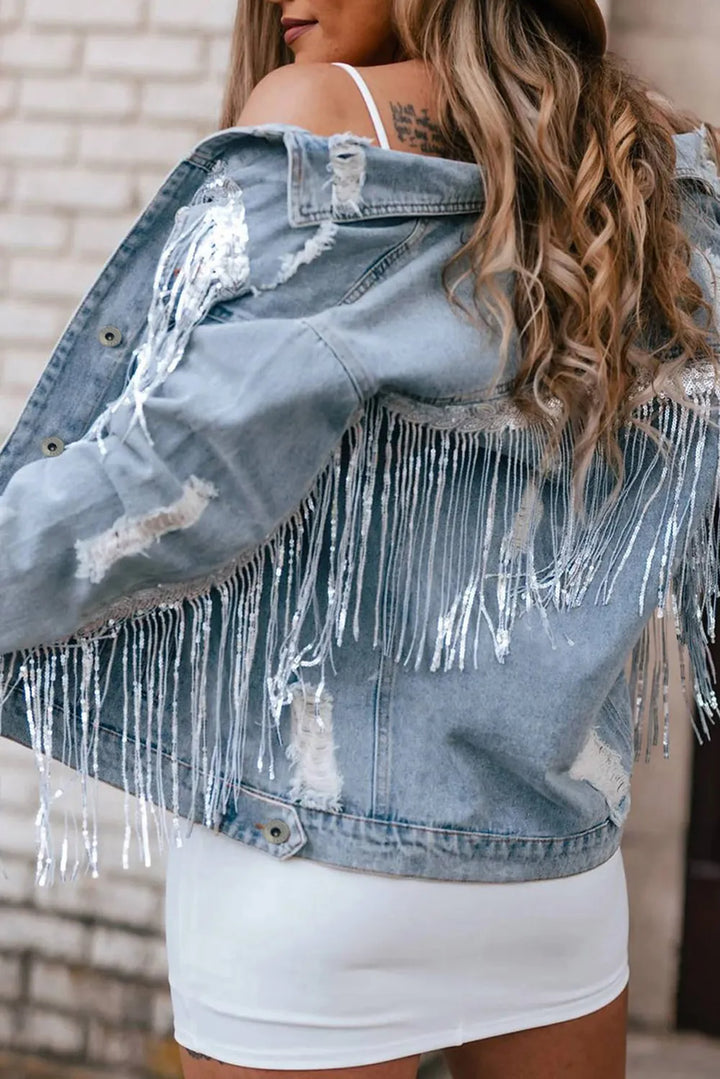 Sequin Fringe Trim Distressed Button Up Denim Jacket | Denim Jackets Daverri Fashions