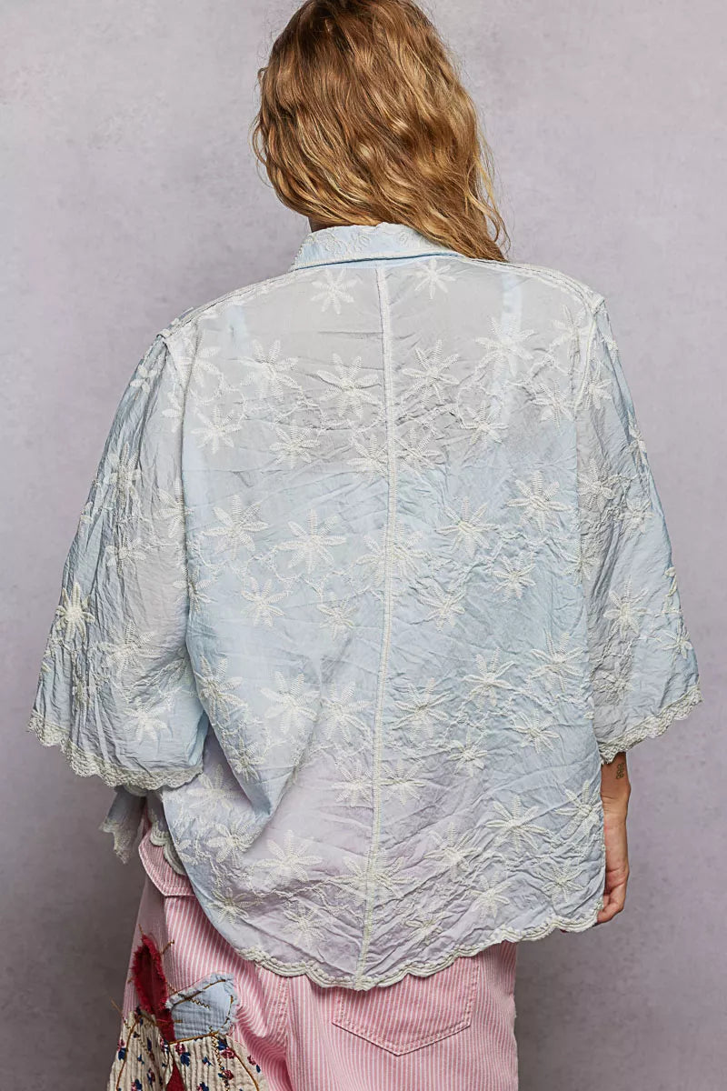 Light blue POL embroidered floral collared blouse with lace scalloped edges