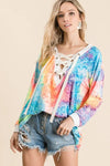 Vibrant rainbow tie-dye BiBi deep V-neck top with lace-up front