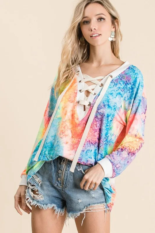 Vibrant rainbow tie-dye BiBi deep V-neck top with lace-up front