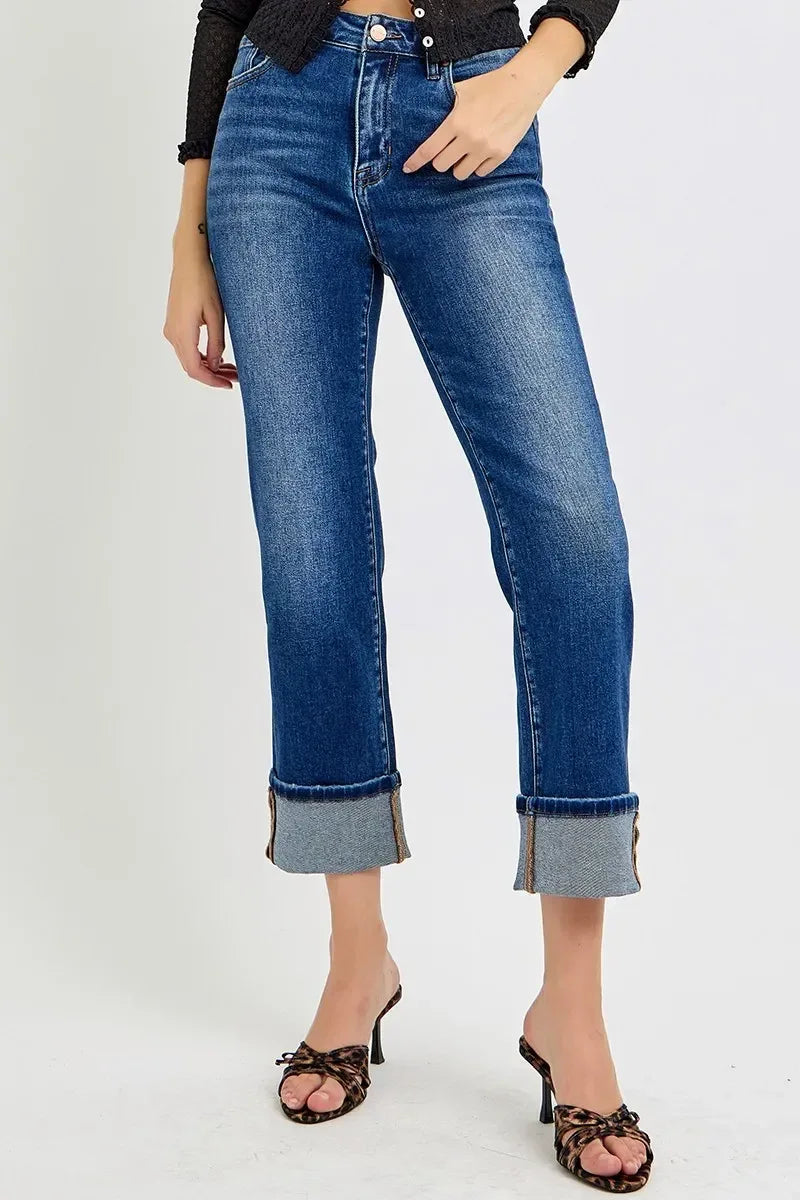 RISEN High Rise Ankle Straight Cuffed Jeans - DAVERRI FASHIONS