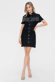 bytos Full Size Embellished Button Down Short Sleeve Denim Dress | Mini Dresses Daverri Fashions