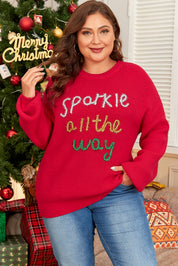 Racing Red 52%Viscose+26%Polyester+22%Polyamide Racing Red Sparkle All The Way Tinsel Crew Neck Plus Size Sweater | Plus Size/Plus Size Sweaters & Cardigans Daverri Fashions