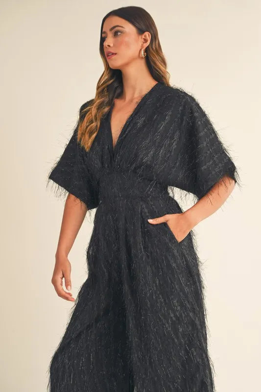 MABLE Fluffy Deep V Neck Wide Leg Jumpsuit Jumpsuits