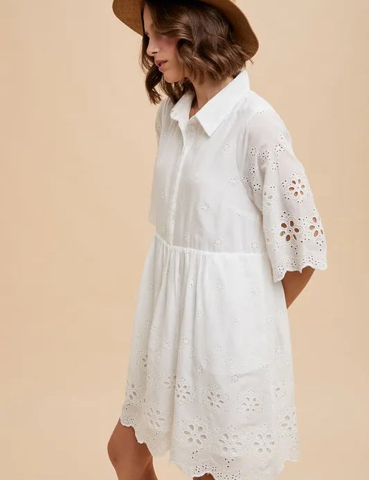 Annie Wear Embroidered Scallop Edge Detail Mini Shirt Dress | Daverri Fashions
