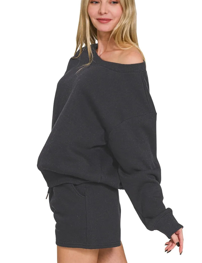 Zenana Fleece Boat Neck Sweatshirts & Shorts 2pcs Set | Loungewear Sets Daverri Fashions