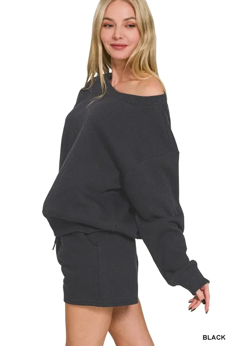 Zenana Fleece Boat Neck Sweatshirts & Shorts 2pcs Set - DAVERRI FASHIONS