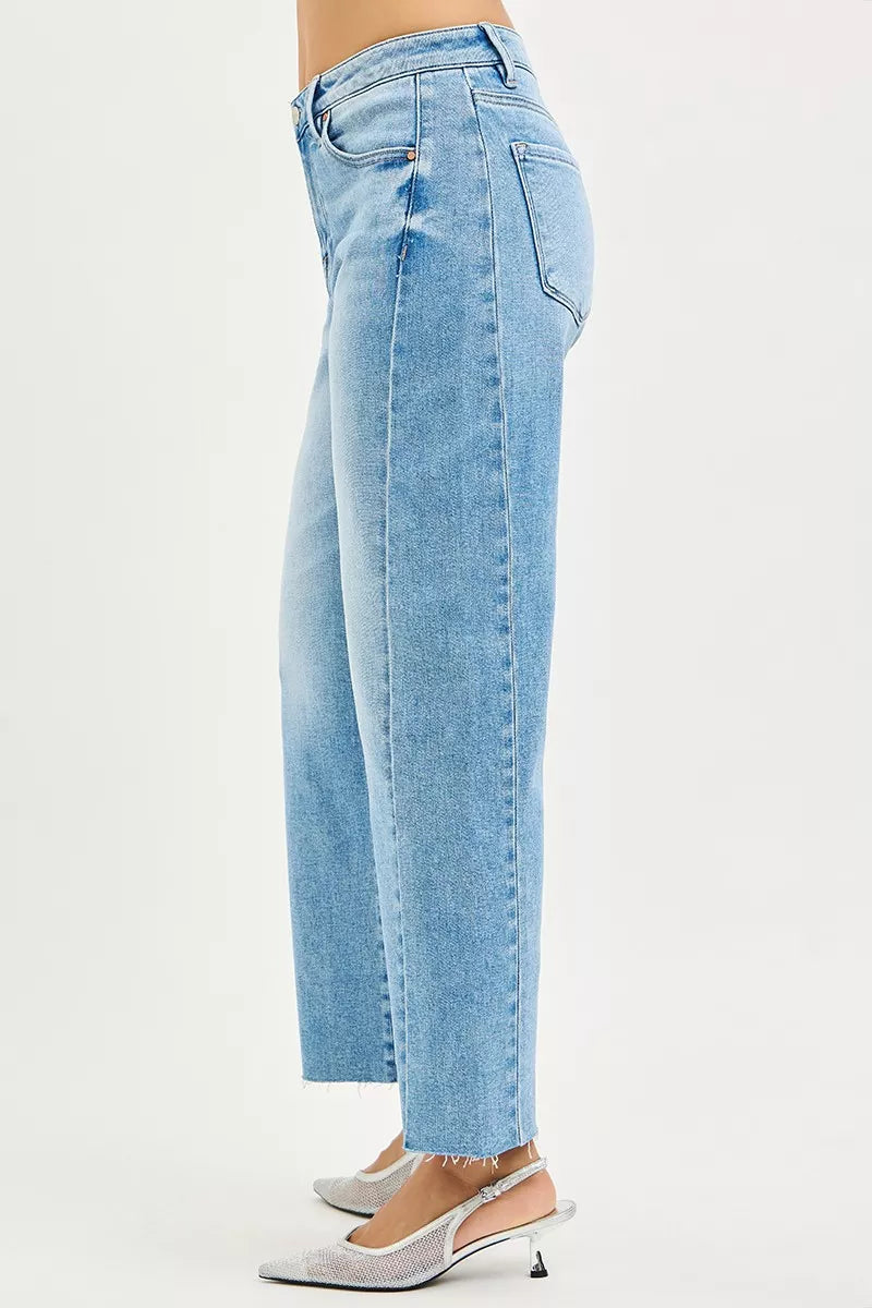 Light-wash RISEN slouchy cropped barrel jeans with frayed hems