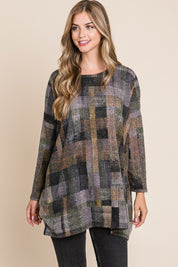 BOMBOM Plaid Round Neck Long Sleeve Top | Tops Daverri Fashions