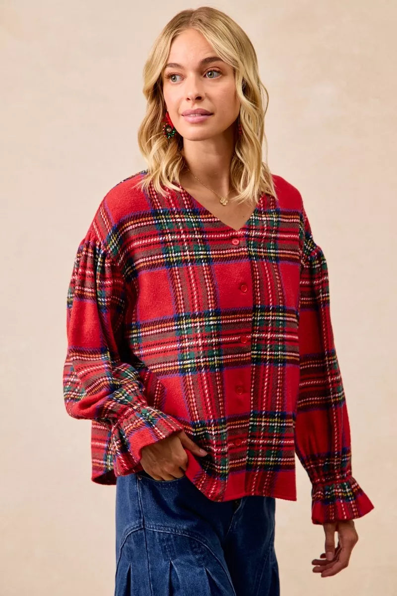 BiBi Christmas Plaid V-Neck Flounce Sleeve Jacket | Jackets Daverri Fashions