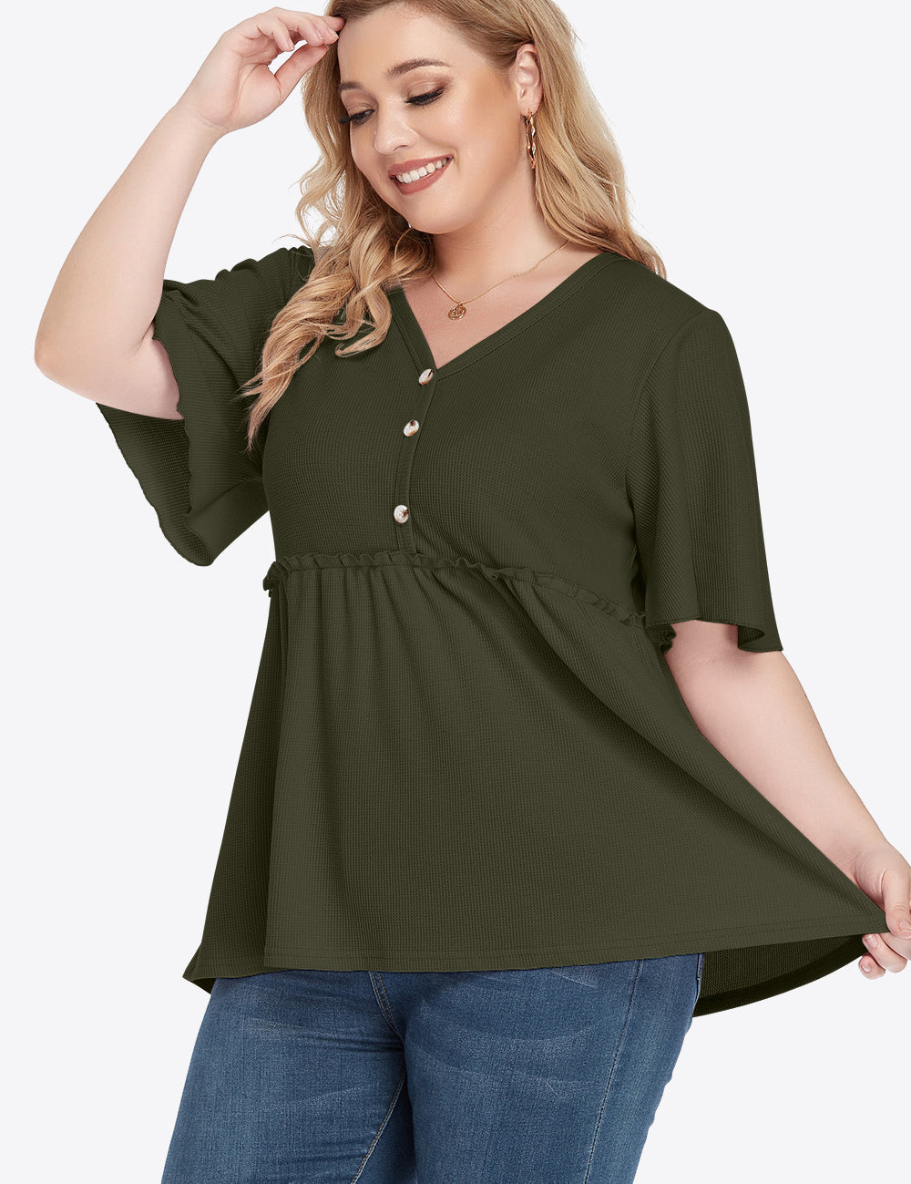 Olive green plus size V-neck babydoll blouse with buttons and empire waist