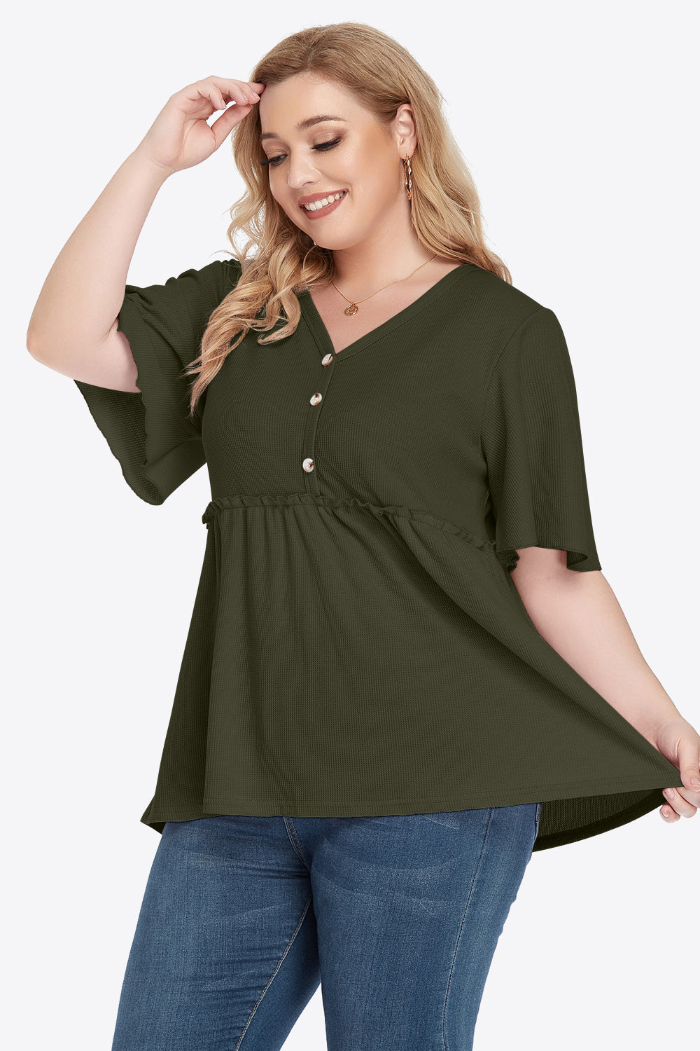 Olive green plus size V-neck babydoll blouse with buttons and empire waist