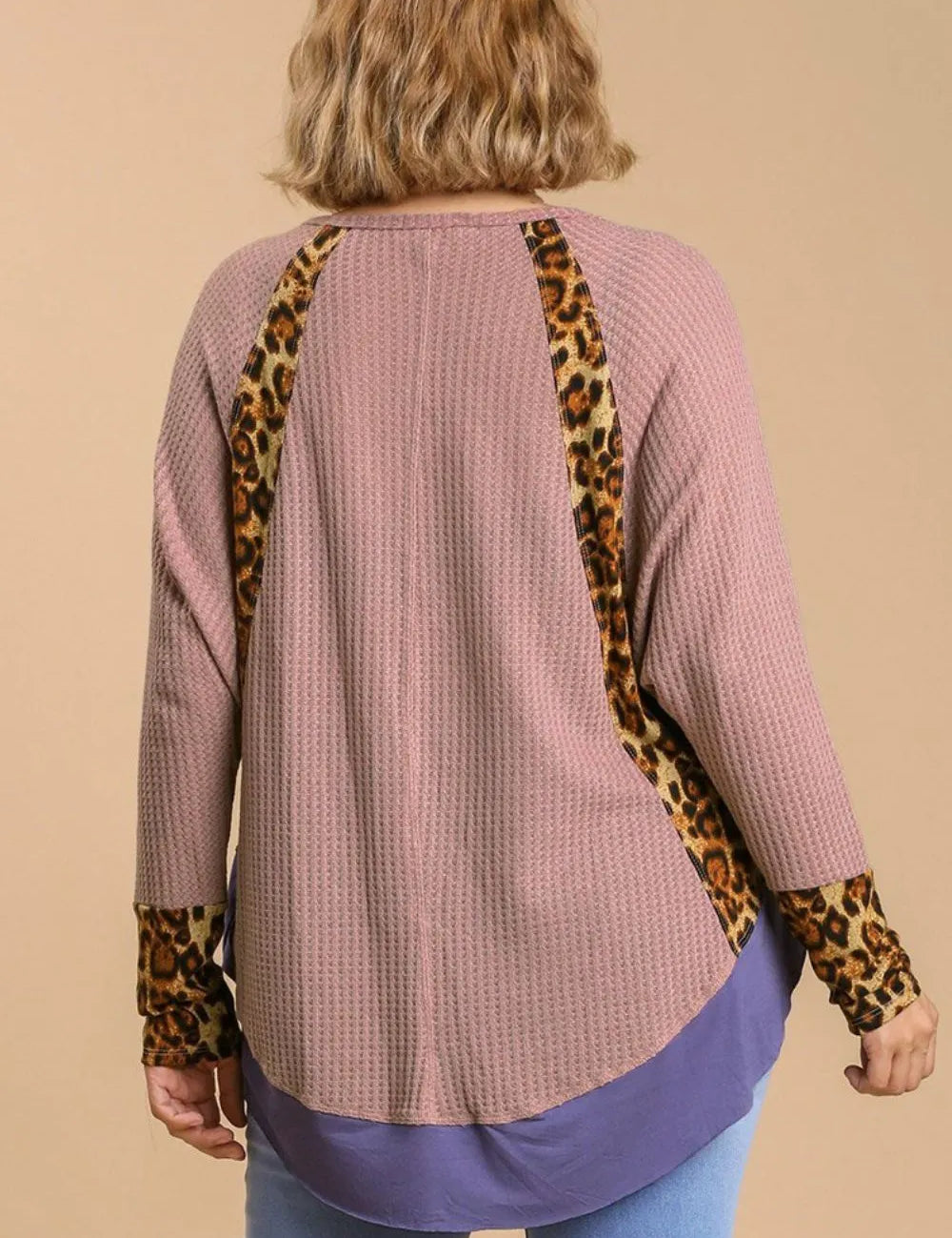 Umgee Leopard High-Low Dolman Sleeve Waffle Knit Top Plus Size | Tops Daverri Fashions