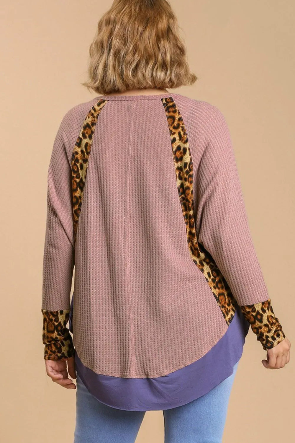 Umgee Leopard High-Low Dolman Sleeve Waffle Knit Top Plus Size | Tops Daverri Fashions
