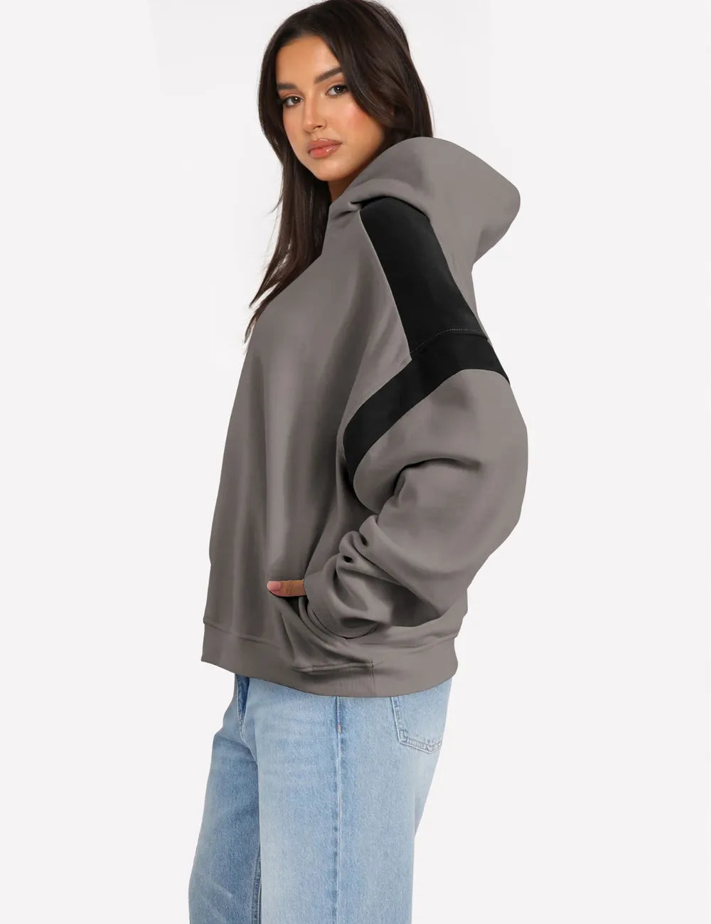 Mocha Contrast Dropped Shoulder Long Sleeve Hoodie | Sweatshirts Daverri Fashions
