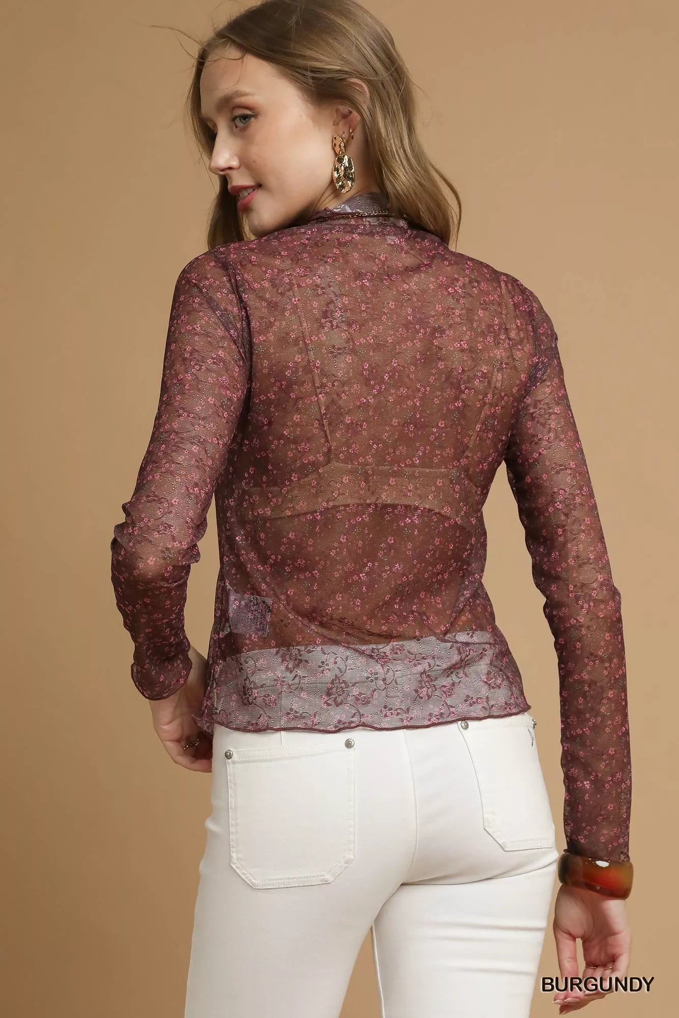 Umgee Nylon Lace Mesh Long Sleeve Top | Tops Daverri Fashions