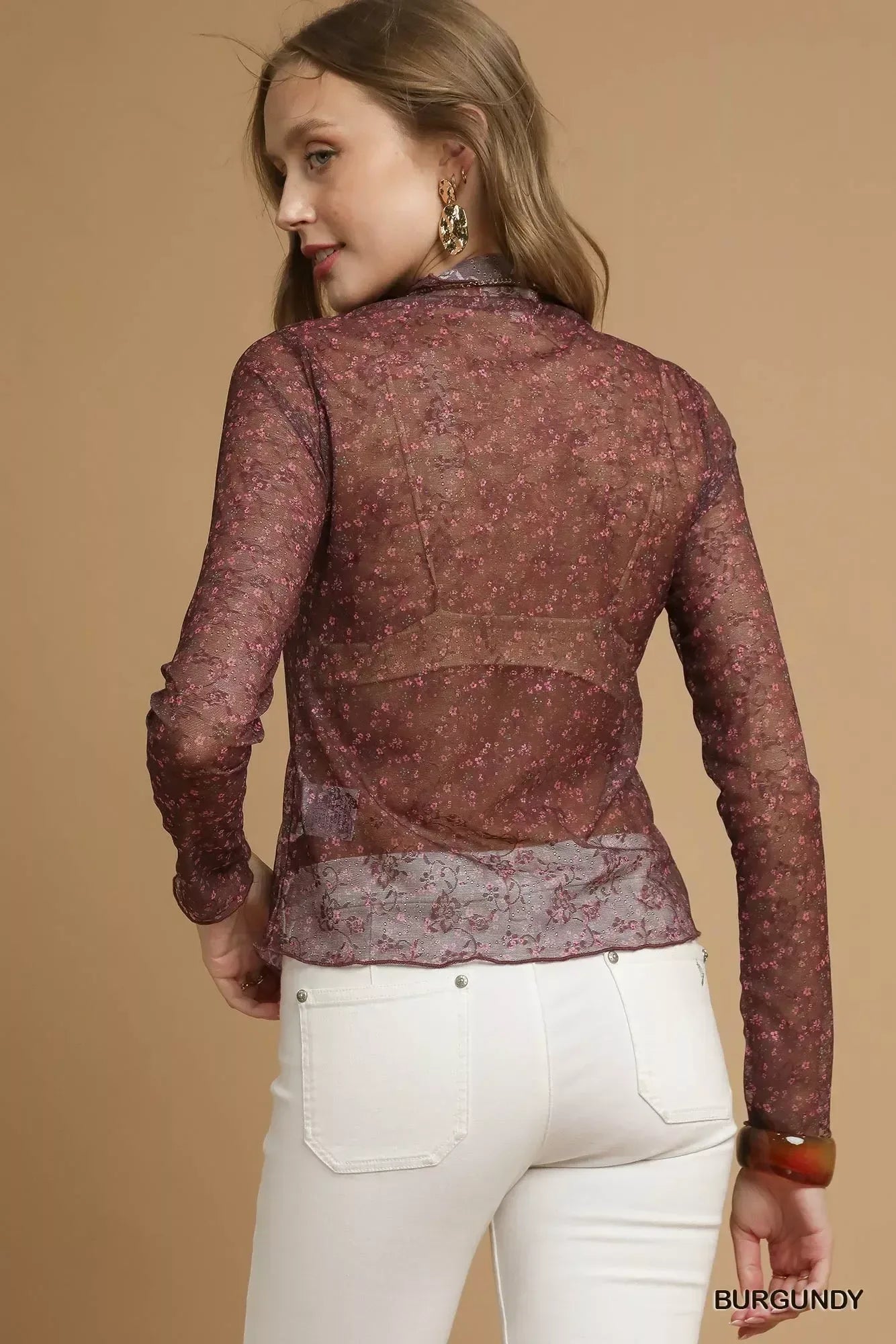 Umgee Nylon Lace Mesh Long Sleeve Top - DAVERRI FASHIONS