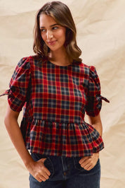 SO ME Christmas Holiday Plaid Ribbon Short Sleeves Top | Blouses Daverri Fashions
