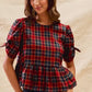 SO ME Christmas Holiday Plaid Ribbon Short Sleeves Top - DAVERRI FASHIONS