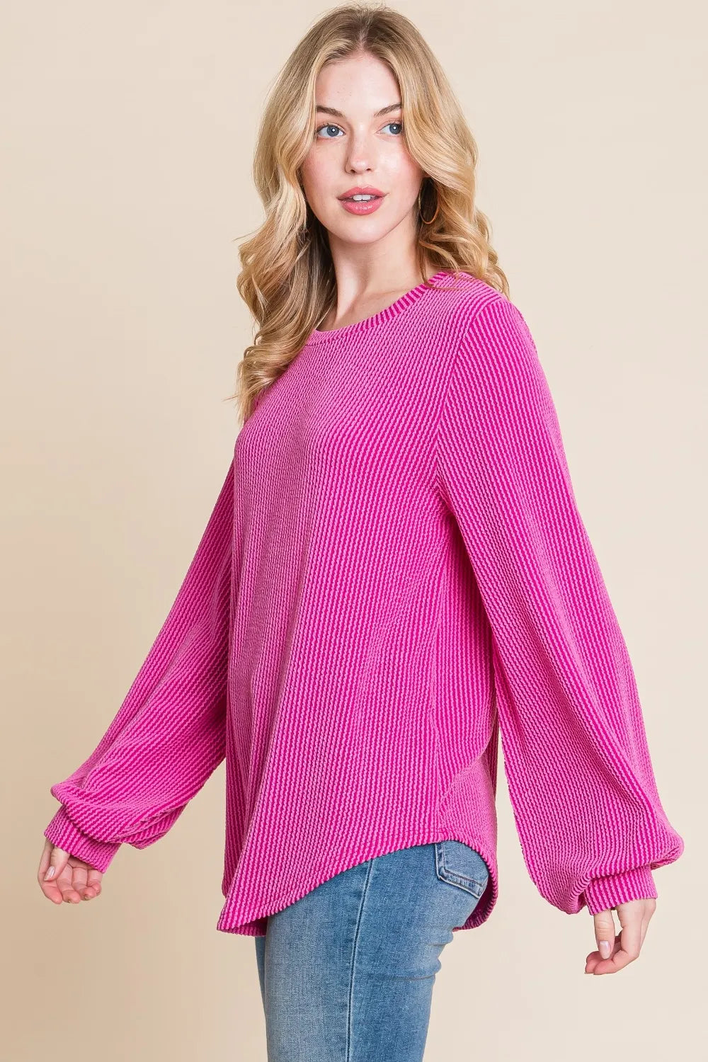 BOMBOM Long Sleeve Curved Hem Ribbed T-Shirt | T-Shirts Daverri Fashions