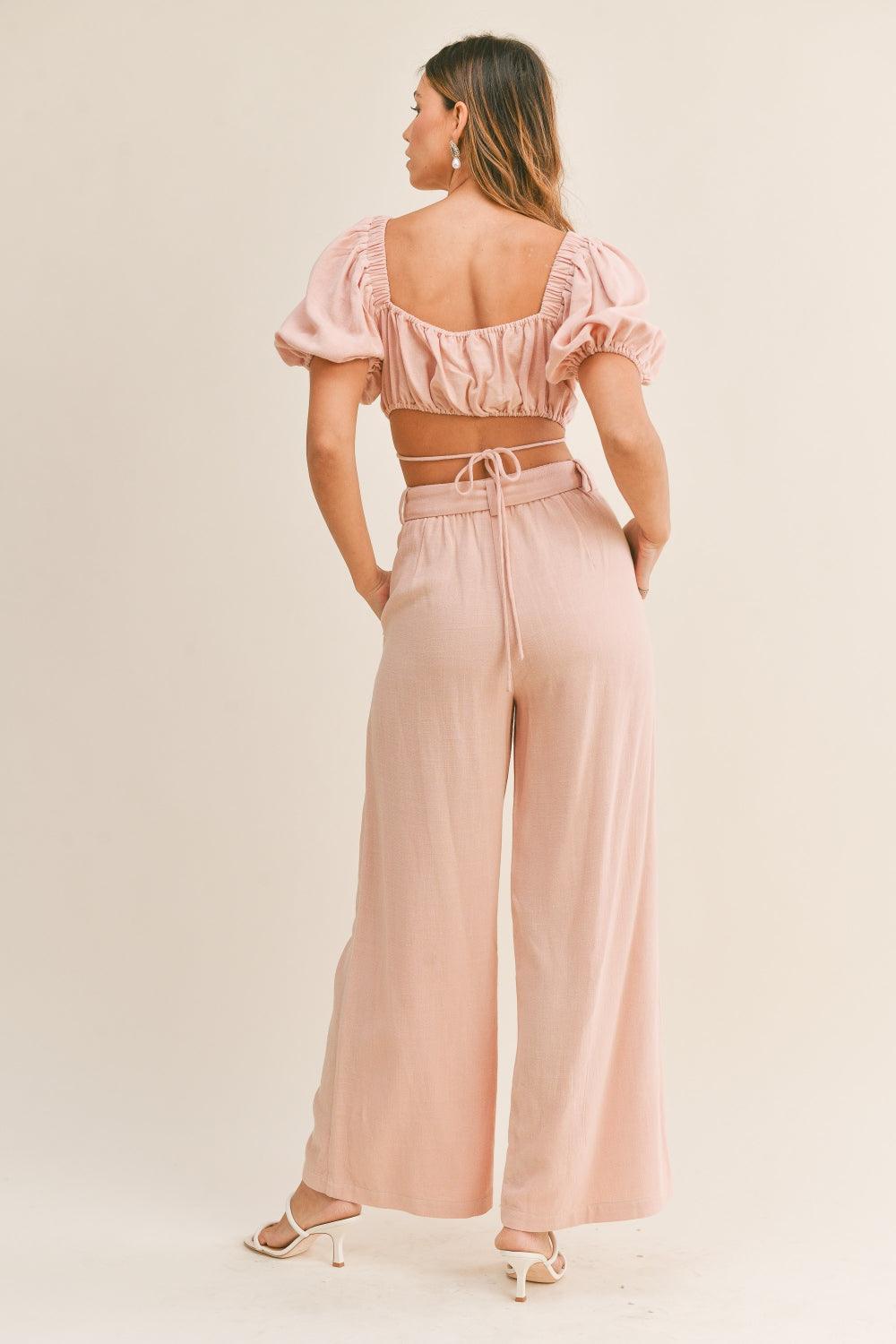 MABLE Cut Out Drawstring Crop Top and Belted Pants Set L | Outfit Sets Daverri Fashions