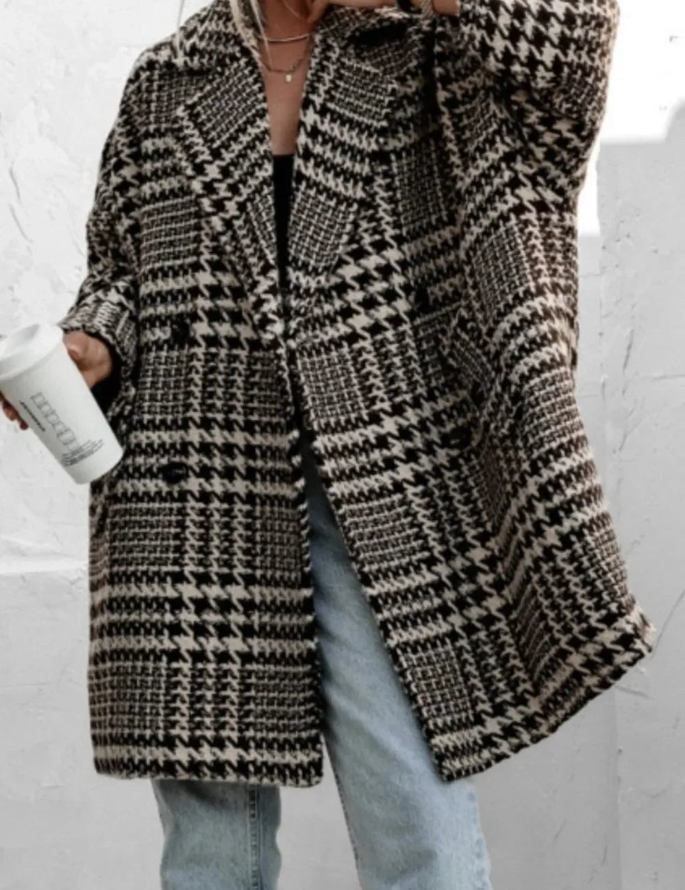 Houndstooth plaid wool coat with oversized sleeves and pockets