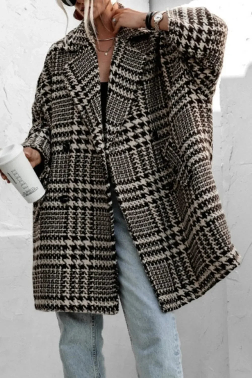 Houndstooth plaid wool coat with oversized sleeves and pockets