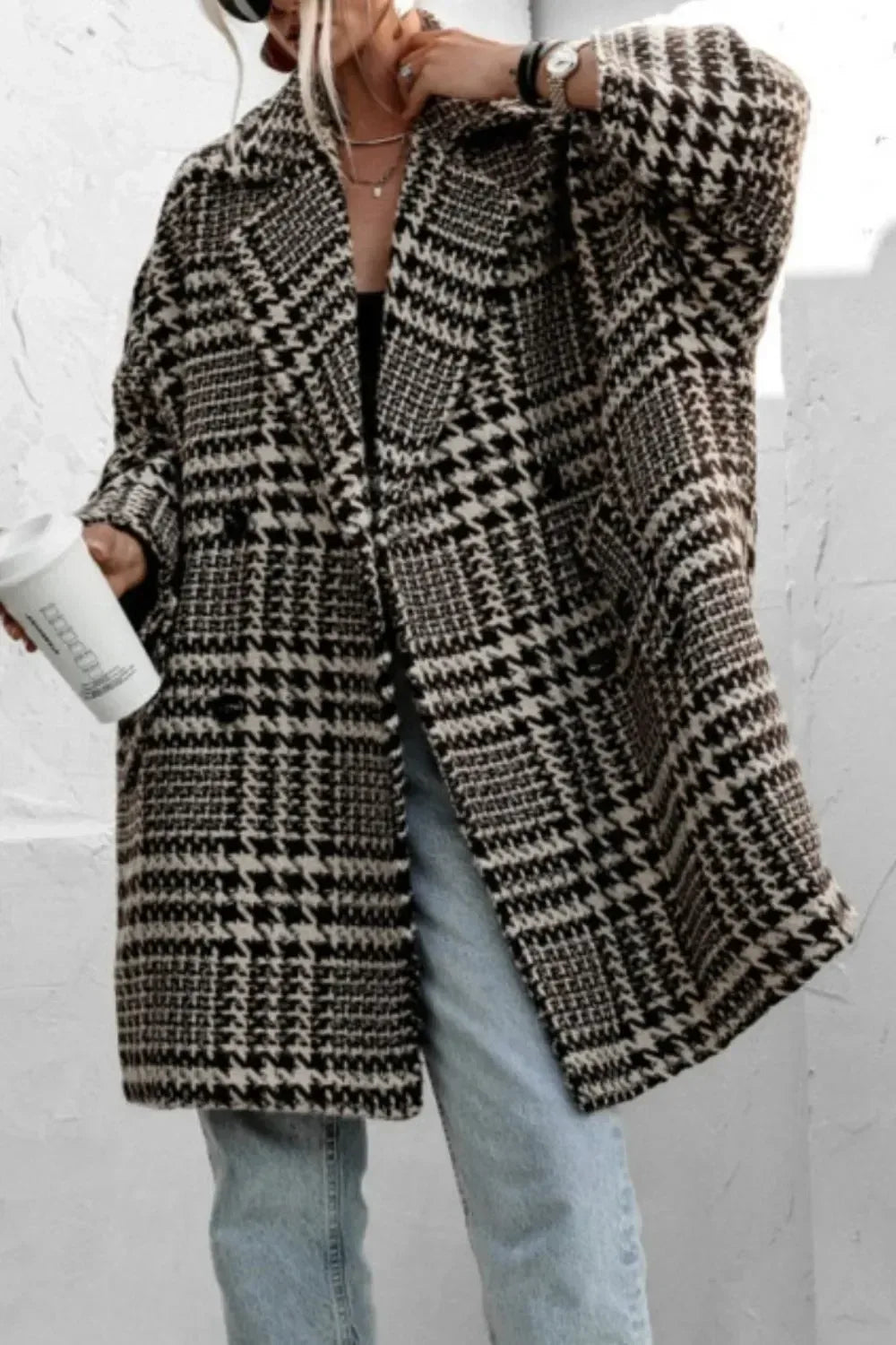 Houndstooth Collared Neck Long Sleeve Coat with Pockets - DAVERRI FASHIONS