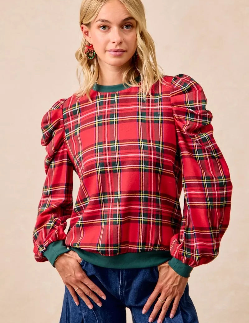 RED PLAID BiBi Christmas Plaid Exaggerated Shoulder Sleeves Top | Tops Daverri Fashions