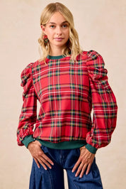 RED PLAID BiBi Christmas Plaid Exaggerated Shoulder Sleeves Top | Tops Daverri Fashions
