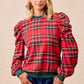BiBi Christmas Plaid Exaggerated Shoulder Sleeves Top - DAVERRI FASHIONS