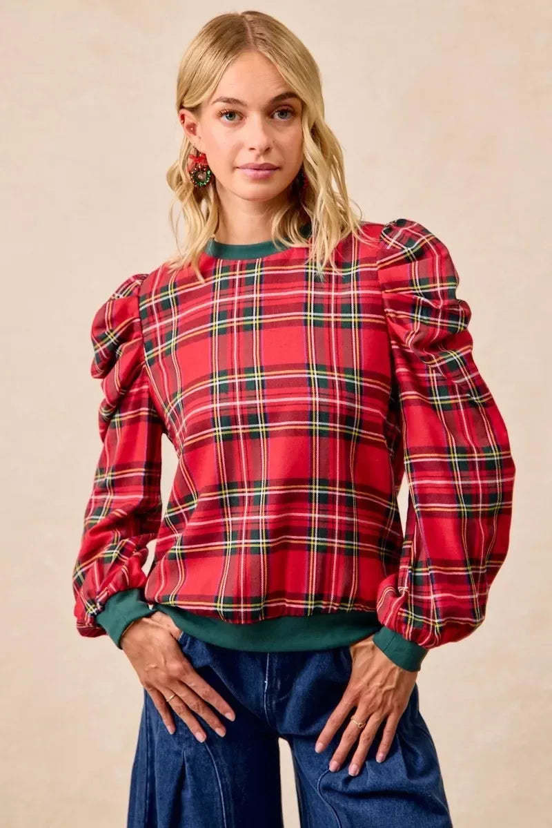 BiBi Christmas Plaid Exaggerated Shoulder Sleeves Top - DAVERRI FASHIONS