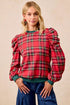 BiBi Christmas Plaid Exaggerated Shoulder Sleeves Top - DAVERRI FASHIONS