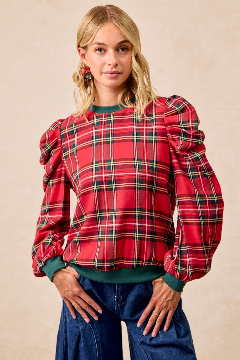 Red and green plaid BiBi Christmas top with puffed sleeves