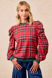 Red and green plaid BiBi Christmas top with puffed sleeves