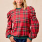 Red and green plaid BiBi Christmas top with puffed sleeves