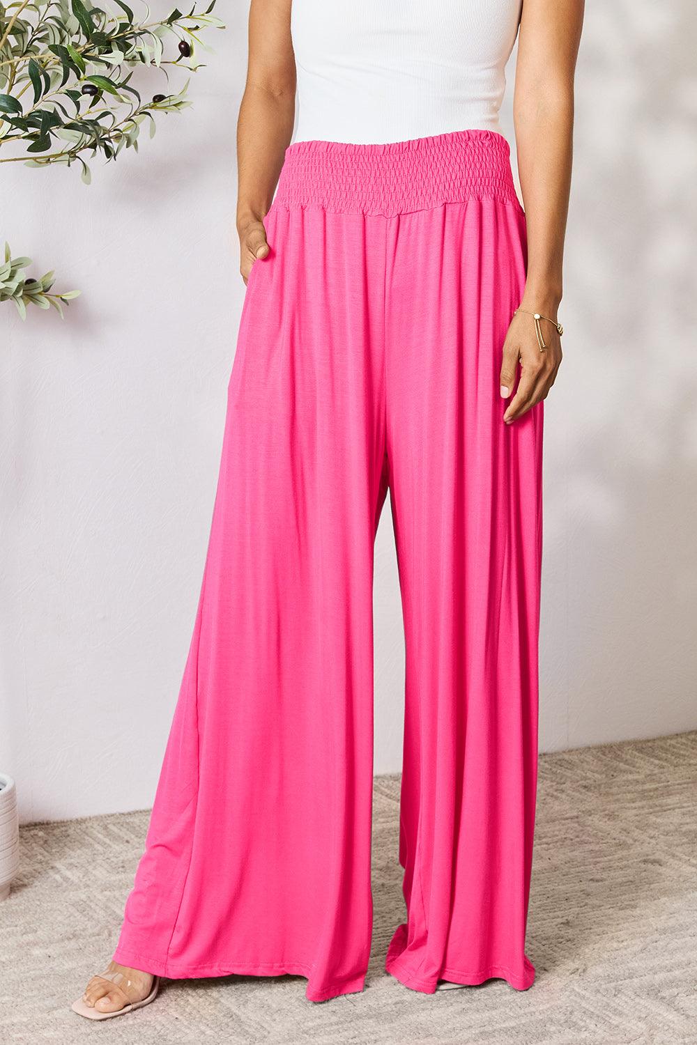 Double Take Full Size Smocked Wide Waistband Wide Leg Pants Hot Pink Pants