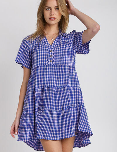 Umgee Full Size Gingham Tiered Button Detail Short Sleeve Dress Plus Size Blue