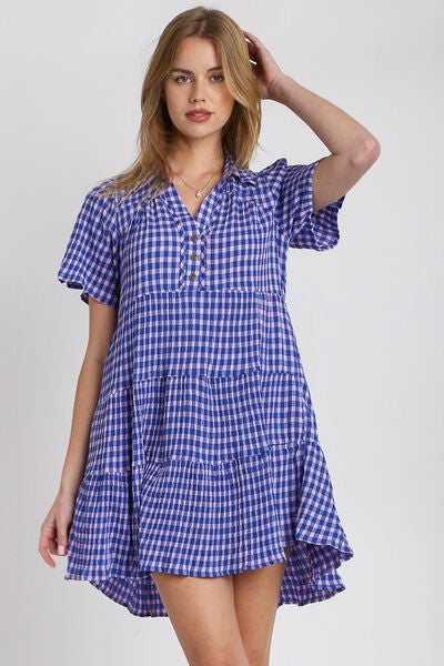 Umgee Full Size Gingham Tiered Button Detail Short Sleeve Dress Plus Size Blue