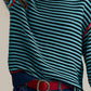 Teal and navy striped round neck long sleeve sweater with red trim