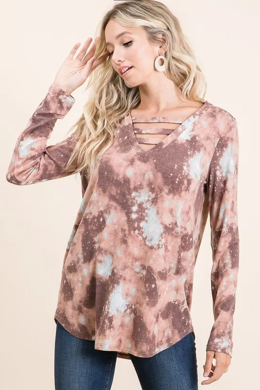 BiBi Tie Dye French Terry V-Neck Top RUSTIC MOCHA