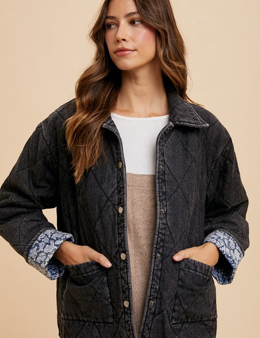 Annie Wear Quilted Printed Lining Snap Down Denim Jacket Black Tops