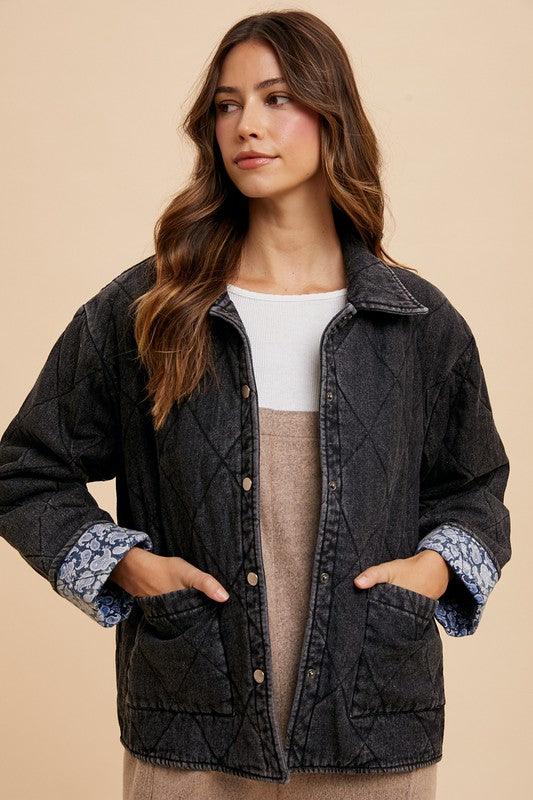 Annie Wear Quilted Printed Lining Snap Down Denim Jacket Black XL Tops