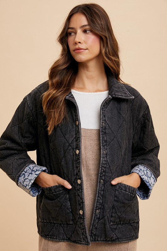 Annie Wear Quilted Printed Lining Snap Down Denim Jacket Black Tops