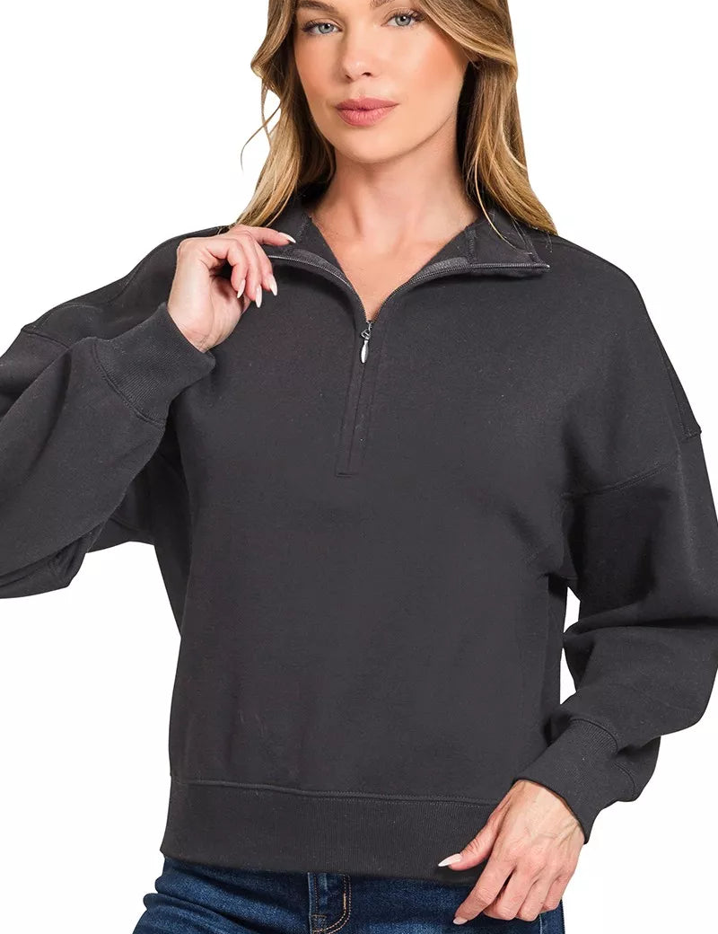 Zenana Fleece High Neck Half Zip Sweatshirt | Daverri Fashions