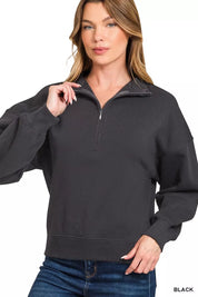 Zenana Fleece High Neck Half Zip Sweatshirt | Daverri Fashions