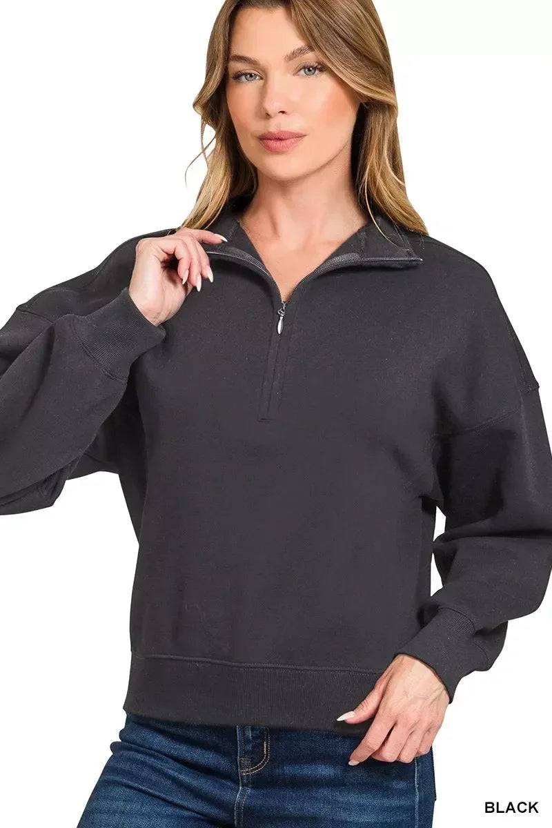 Zenana Fleece High Neck Half Zip Sweatshirt Black - DAVERRI FASHIONS