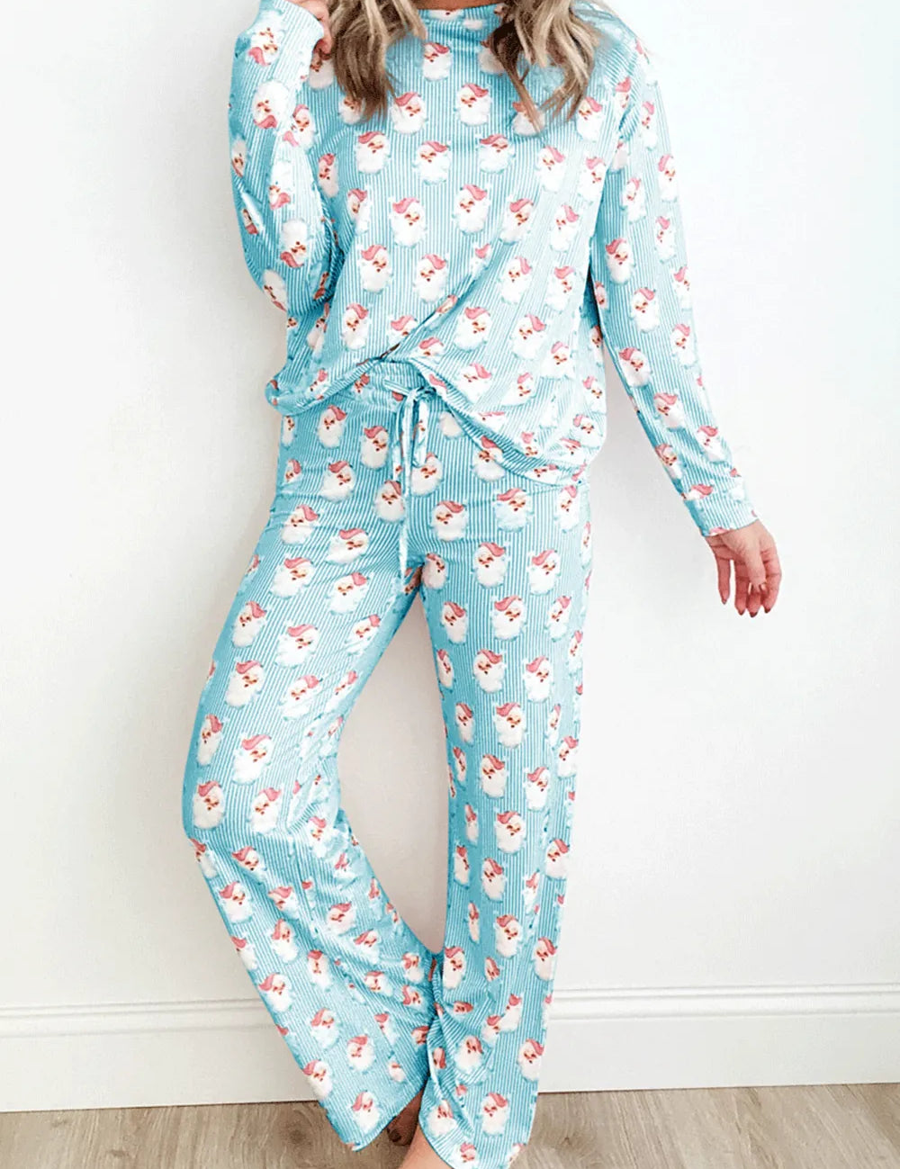 Pastel Blue Santa Print Long Sleeve Top and Pants Lounge Set | Loungewear Sets Daverri Fashions