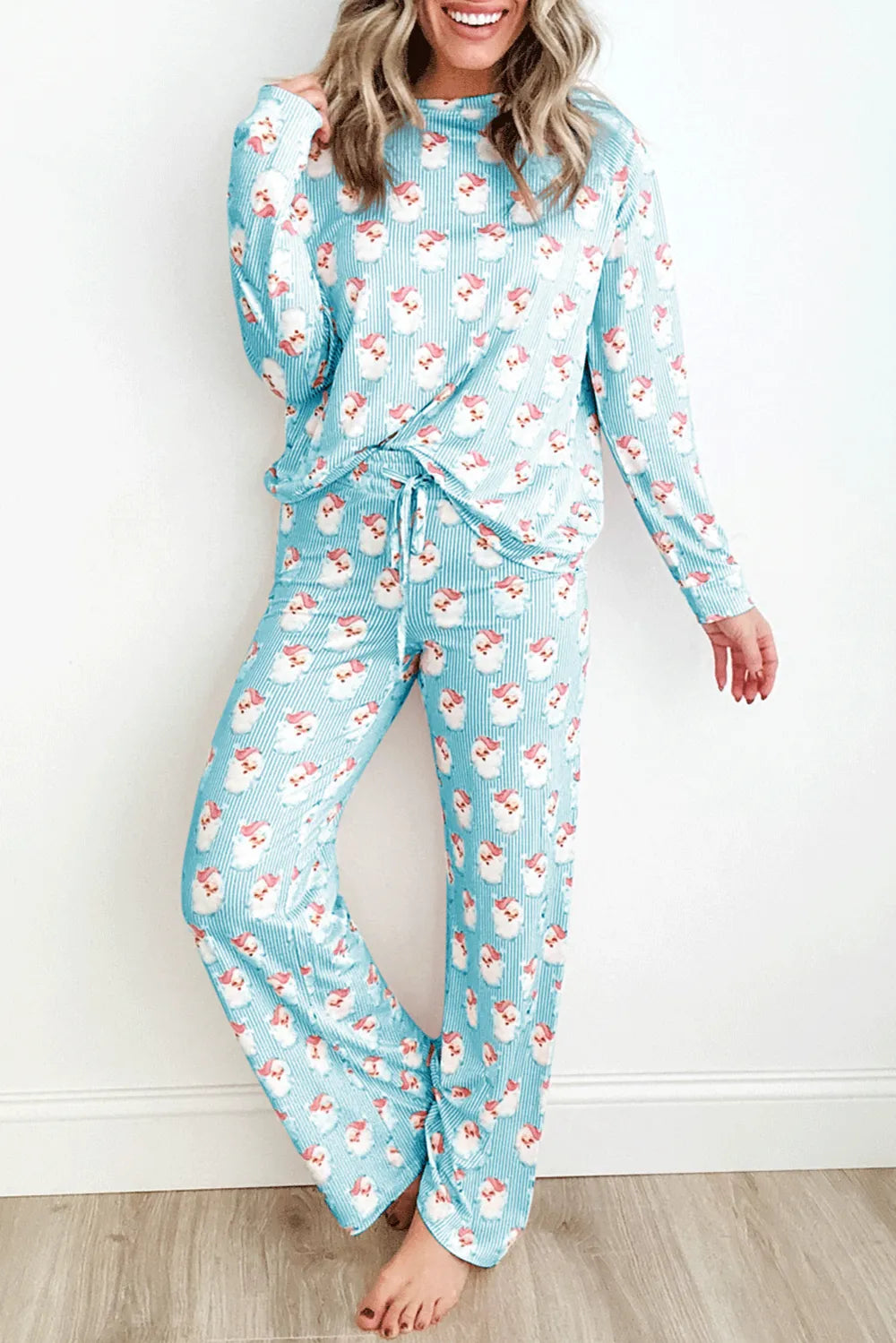 Pastel Blue Santa Print Long Sleeve Top and Pants Lounge Set | Loungewear Sets Daverri Fashions