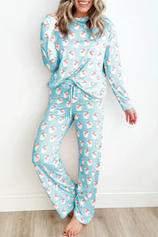 Pastel Blue Santa Print Long Sleeve Top and Pants Lounge Set | Loungewear Sets Daverri Fashions